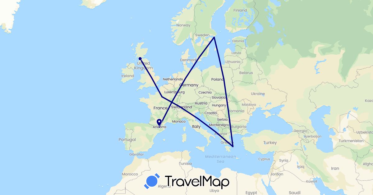 TravelMap itinerary: driving in Andorra, France, United Kingdom, Greece, Poland, Sweden (Europe)