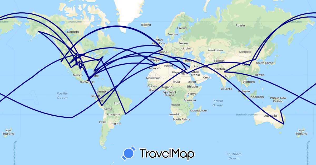 TravelMap itinerary: driving in Australia, Brazil, Chile, China, Egypt, France, United Kingdom, Greece, Guatemala, Israel, India, Italy, Morocco, Mexico, Peru, United States (Africa, Asia, Europe, North America, Oceania, South America)